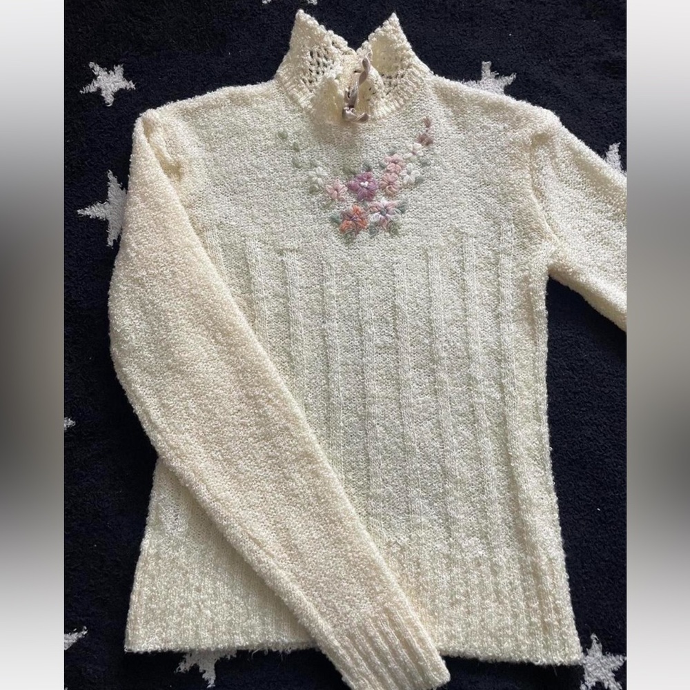 Cream Turtleneck Sweater with Pastel Embroidery